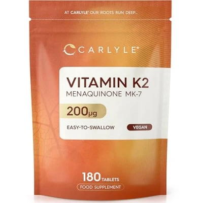Image of Vitamin K2 MK7 200ug 180 Vegan Tablets Menaquinone Suitable for Vegetarians and Vegans by Carlyle