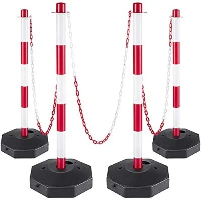 Image of VEVOR Plastic Stanchion, 4pcs Chain Stanchion Kit with 32ft 8 S Hooks, PE White for Warning/Crowd Control at Parking Lot, Construction Driveway Elevator