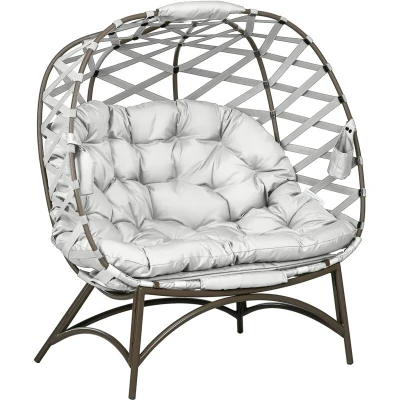 Image of Outsunny Egg Chair Outdoor, 2 Seater Folding Weave Garden Furniture with Cushion, Cup Pockets for Patio Balcony Light Grey