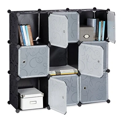 Image of Relaxdays Shelving System with Doors, Plastic Divider, Standing Shelf 9 Compartments, 95 x 35 cm, Black
