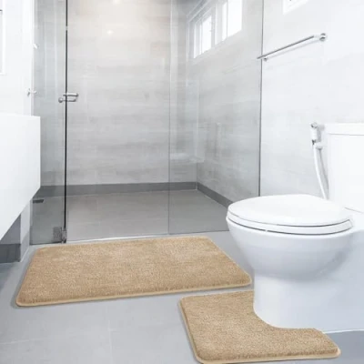 Image of SOANNY 2 Piece Non Slip Bath Mat Set, Luxury Thick Microfiber Shaggy Bathroom Rugs, 50 X 80 CM Soft Plush Shower Rug &amp; Toilet Pedestal Mat, Machine Washable, Absorbent, Camel