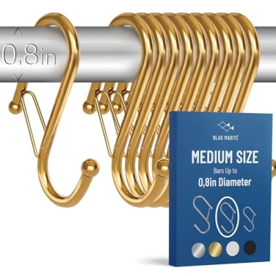 Image of Blau Marité 10 Metalic S Hooks with Anti Fall System. Drop Shaped Hook Safety Buckle to Prevent Falls. Heavy Duty. (Golden, 3.5in)