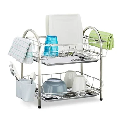 Image of Relaxdays Drainer with 2 Tiers, Cutlery Holder, Dish Rack, Drip Tray, Stainless Steel, HxWxD: 39.5 x 60 22 cm, Silver, Stainless_Steel, 28 39 cm