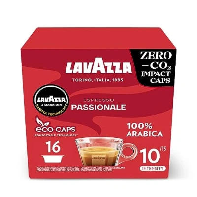 Image of Lavazza, A Modo Mio Espresso Passionale, 256 Coffee Capsules, with Notes of Caramel and Chocolate, 100% Arabica, Intensity 11/13, Dark Roasting, Compostable, 16 Packs Compostable Pods