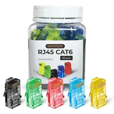 Image of Spetstech RJ45 Connectors 50 Pack Cat 6 PASS Through (Cat Ends / Cat6 Plugs Modular Plugs/Ethernet Connectors) for Solid or Stranded UTP Ethernet Cables (50, MIX)