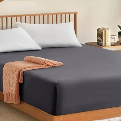 Image of My home store Double Fitted Sheet Cotton 300TC Hotel Quality 30 cm Charcoal Bedsheets Set