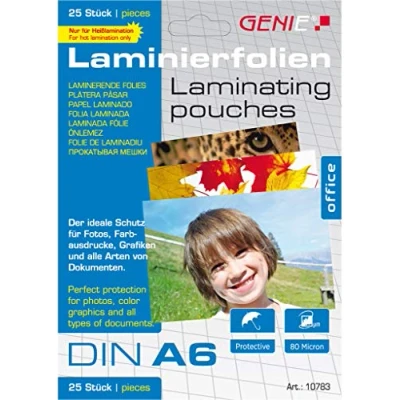 Image of Genie 10783 (Transparent 80 Micron Laminating Pouches, Documents up to DIN A6, Suitable for All Heat Nier Devices) Pack of 25