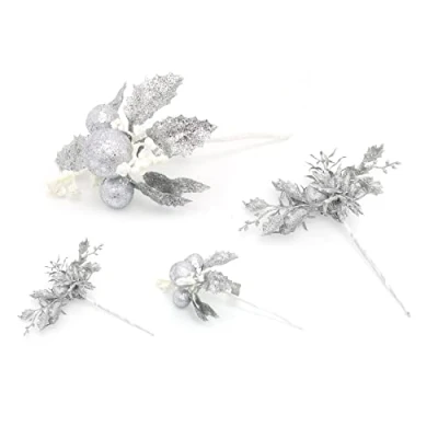Image of 4 Piece Silver Glitter Christmas Flower Spray Pick Artificial Holly Stems Decoration Xmas Floral