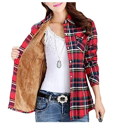 Image of Lazutom Women&#039;s Winter Warm Long Sleeves Fleece Lined Plaid Shirt Blouse Red Yellow