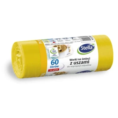 Image of Stella 035144 Bin Liners with Handles for Metal Plastic and Separation 60 L Pack of 14 Bags Household Waste Office Made Thick LDPE Regranulate Film Colour: Yellow