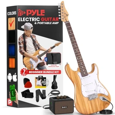 Image of Pyle Full Size Electric Guitar Kit with 5W Amplifier, Gig Bag, Picks, Spare Strings, and Strap, ST Style Beginner Bundle 22 Frets, Paulownia Wood Body, Natural