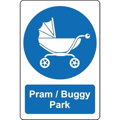 Image of Pram buggy park Safety sign Self adhesive sticker (300mm x 200mm)
