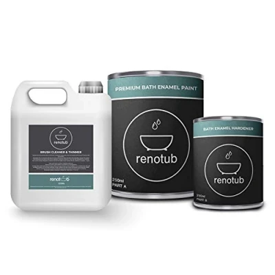 Image of Renotub Premium 2K Bath Resurfacing Repair Enamel Paint + Brush Cleaner and Thinner Kit Brilliant White Bathtub Shower Tray Sink Tiles