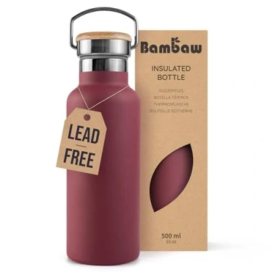 Image of Bambaw Insulated Water Bottle 500ml, Red Bottle, Stainless Steel Leakproof Metal Flask, Berry