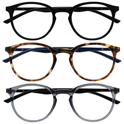 Image of OPULIZE Met Reading Glasses 3 Pack Slim Round Frame Scratch Resistant Spring Hinges Black Brown Transparent Grey Mens Womens RRR60 127 +2.00