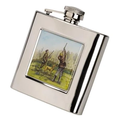 Image of Farm Cottage Brands 6oz oblong Game Shooting scene Stainless Steel hip flask with funnel