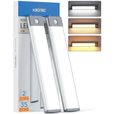 Image of HIBOITEC Motion Sensor Cupboard Light 3 Color Temperature Stepless Dimming, Closet USB Rechargeable Wardrobe 35 LED Wireless Under Cabinet Lighting Stick on Kitchen Stairs Hallway(2 Pack)
