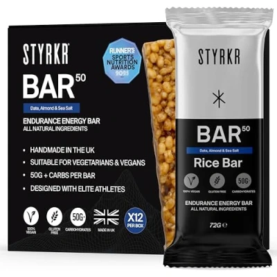 Image of Energy Bars by Styrkr Pack of 12 Rice for Cycling &amp; Running Date, Almond Dark Chocolate Approved Endurance Athletes 50g Carbs via Advanced Dual Carb Formulation BAR50 12x