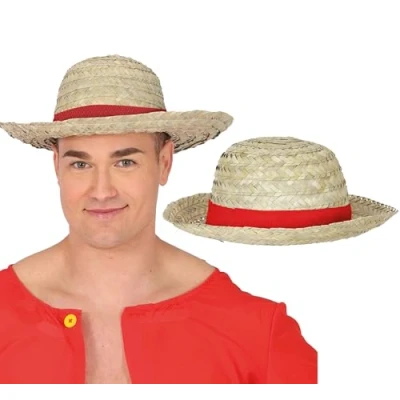 Image of FIESTAS GUIRCA Straw Hat with Red Ribbon (One Size) Accessory for Summer and Graduation Parties Ideal Unisex Adults at Carnival Natural