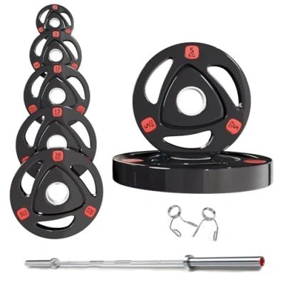 Image of Strongway® Olympic 50KG 70KG 100KG Tri Grip Weight Plates Sets with 6FT 7FT Barbell 2 Inch (2&quot;) / 50mm Hole Rubber Coated Cast Iron Lifting Bar (50KG SET + BAR)