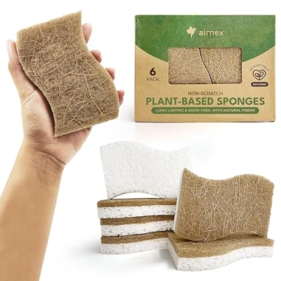 Image of AIRNEX Biodegradable Natural Sponge Pack of 6 Cellulose and Coconut Cleaning Sponges Scrubbers for Washing Up Eco Heavy Duty Non Scratch Kitchen Scourers Multipack Dishes, Pots Pans