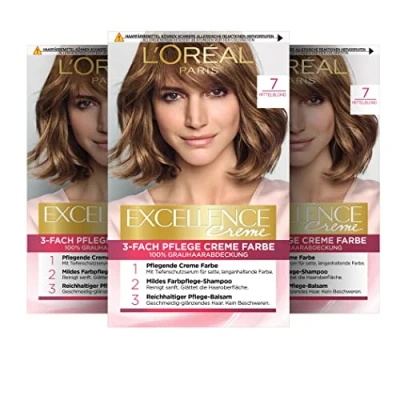 Image of L&#039;Oréal Paris Excellence Cream Permanent Hair Colour, 100% Grey Coverage, Dye Set with Colouration, Shampoo and Triple Care Cream, 7 Medium Blonde, 3 x 268 g