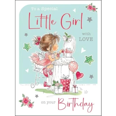 Image of Jonny Javelin Special Little Girl Birthday Card Happy with Dressing Table and Gifts Design Flitter Foil Details for Girls