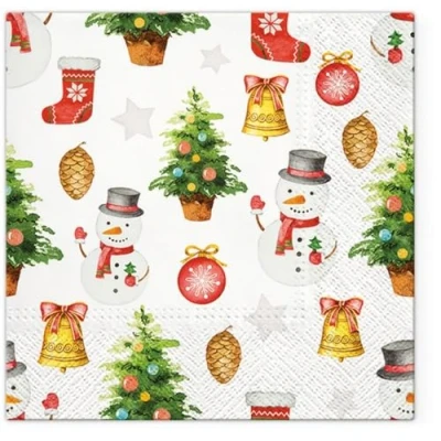 Image of 20 Napkins Christmas Pattern of Snowmen and Trees as Table Decoration Paper with Motif Also for Decoupage 33 x cm
