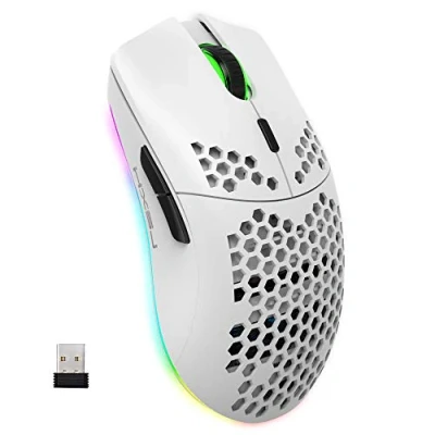 Image of Wireless Gaming Mouse, 2.4G Lightweight Honeycomb Shell Ergonomic RGB Mice with 750mAh Rechargeable Battery, Energy Saving, 6 Buttons &amp; Mini USB Receiver for Windows, Mac OS, Laptop, Smart TV(White)