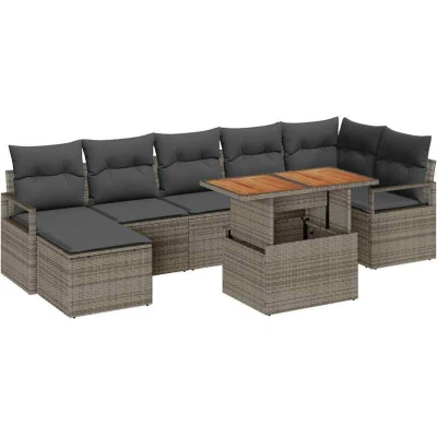 Image of vidaXL 8 Piece Garden Sofa Set with Cushions Grey Poly Rattan Acacia