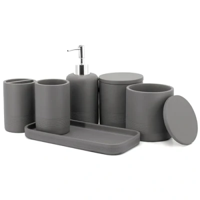 Image of zccz grey Bathroom Accessory Set 6 Pieces Organiser with Tootbrush Holder, Lotion Soap Dispenser, Vanity Tray and 2 Qtip Holders Modern Decor Accessories