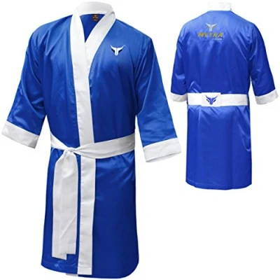 Image of Mytra Fusion boxing gown full length robe satin dressing (Blue, X Large)