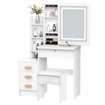 Image of Ehozirta Vanity Desk with Sliding Mirror and Lights, Bedroom Dressing Table, Makeup Table Cushion Stool Drawers &amp; Shelves, Hidden Storage Space White
