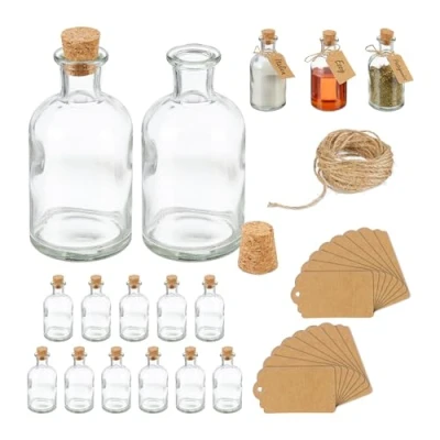 Image of Relaxdays Decorative Bottles, Set of 16, Jars with Cork, 60 ml, for Filling, Spice Glasses, Transparent/Natural, 11.5 x 6 cm