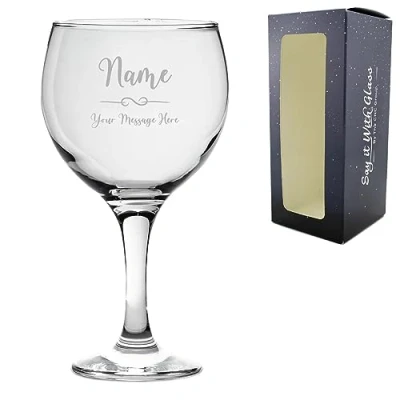 Image of Personalised Engraved Gin Balloon Glass with Flourish Design, Personalise Any Name and Message for Occasion, Gift Box Included, Laser