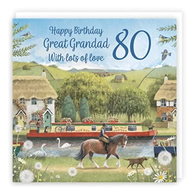 Image of Hunts England 80th Great Grandad Canal Narrowboat Birthday Card Horse Riding Countryside Age 80 For Milo&#039;s Gallery Eighty