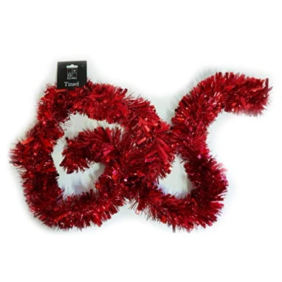 Image of Homestreet Thick Quality Christmas Tinsel In Red, Gold Or Silver 6.5 Foot Long, 11cm Chunky Vibrant 2 metre Deluxe Xmas Decorations (Red)