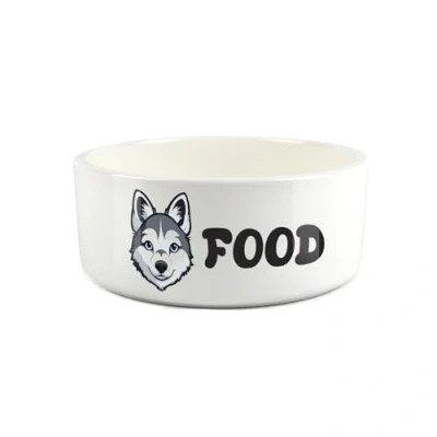 Image of Husky Pet Bowl Cartoon Dog Portrait Large Ceramic Food Novelty White Dish For Dogs