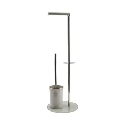 Image of MSV Bergamo Stand Toilet Brush Roll Holder Stainless Steel and Glass Taupe 3 in 1