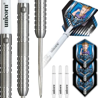 Image of Unicorn Darts Set Global Tom Sykes 90% Natural Tungsten Bullnose Barrels with Intricately Machined Grip Rings Durable Stunning Ultrafly Flights Steel Tip Volute Points 22 g