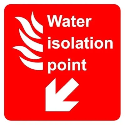 Image of Water isolation point left arrow fire safety sign Self adhesive sticker (100mm x 100mm)