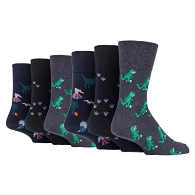 Image of Gentle Grip NEW: 6 Pairs Men&#039;s No Elastic Socks 11 uk, 39 45 eur (Dinosaurs)