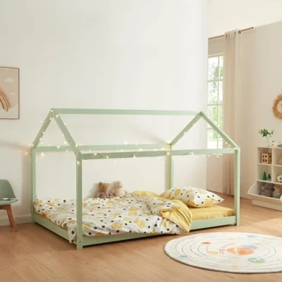 Image of [en.casa] Children&#039;s bed Cerro 140 x 200 cm house youth in look Montessori made of solid pine frame with slatted Mint green