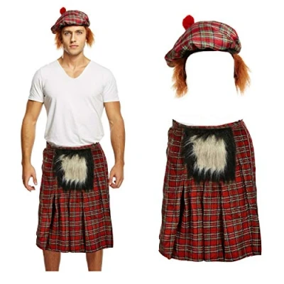Image of Lizzy Mens SCOTTISH COSTUME Scotsman KILT + TARTAN HAT Hair Burns Night Fancy Dress UK