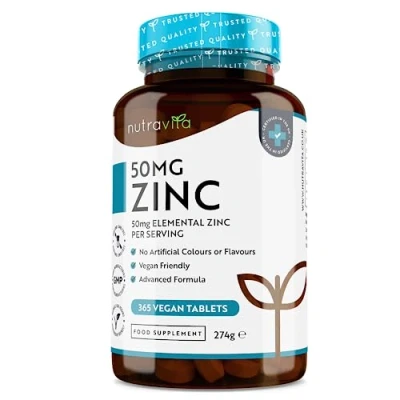 Image of Zinc Tablets 50mg 365 Vegan for 6 Months Supply Supplement High Strength Maintenance of Normal Immune System, Bones, Hair, Skin &amp; Nails Made in The UK by Nutravita