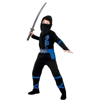 Image of Wicked Costumes Kids Power Ninja Black/Blue Fancy Dress Costume Medium (5 7 years)
