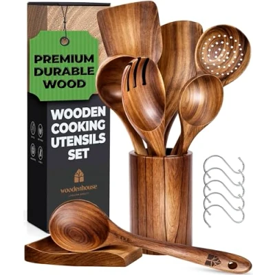 Image of Wooden Spoons for Cooking Utensils Set with Holder, Spoon Rest &amp; Hanging Hooks, Teak Wood Nonstick Kitchen Cookware Durable of 8pcs by Woodenhouse