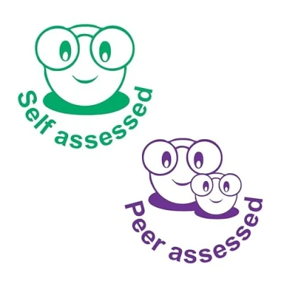 Image of Self Assessed &amp; Peer Smiley Face Designs. 2 x Inking Teacher Stamps, Reinkable. 22mm