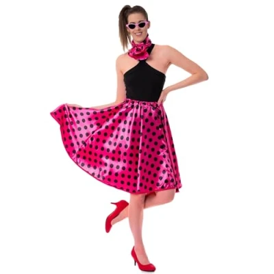 Image of sowest 50s Satin Pink Polka Dot Rock&#039;n&#039;Roll Fancy Dress Skirt &amp; neck tie