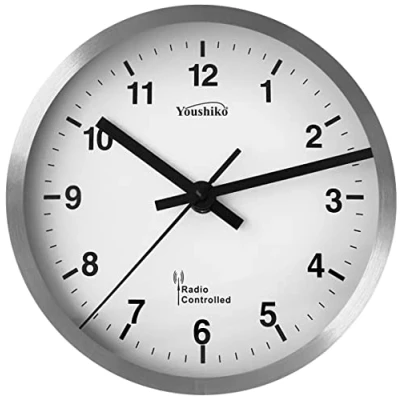 Image of Youshiko Radio Controlled Wall Clock (Official UK &amp; Ireland Version), Premium Quality, Silver Bold Classic Design, Aluminium Case 20cm, 8 Inch Diameter, Home/Kitchen/Office/School Clock, Easy to Read